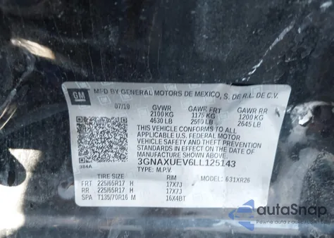 2020 Chevrolet Equinox Awd Lt 1.5L Turbo из США, поврежденный, VIN 3GNAXUEV6LL125143